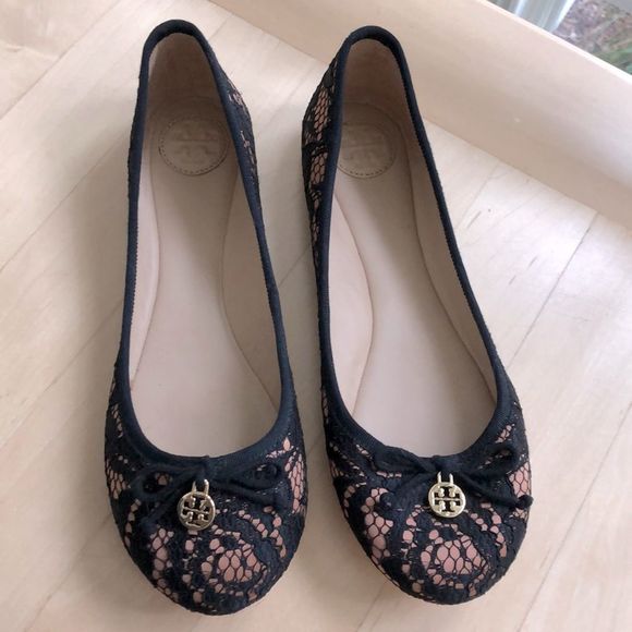 Tory Burch Shoes - Tory Burch Chelsea Lace Covered Silk Ballet Logo Flats — Black/Nude